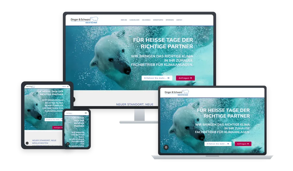 Website von Dinger & Schwarz Kältetechnik GmbH & Co. KG, Kälte- und Klimatechnik, Heidelberg, auf Bildschirm, Laptop, Tablet und Handy