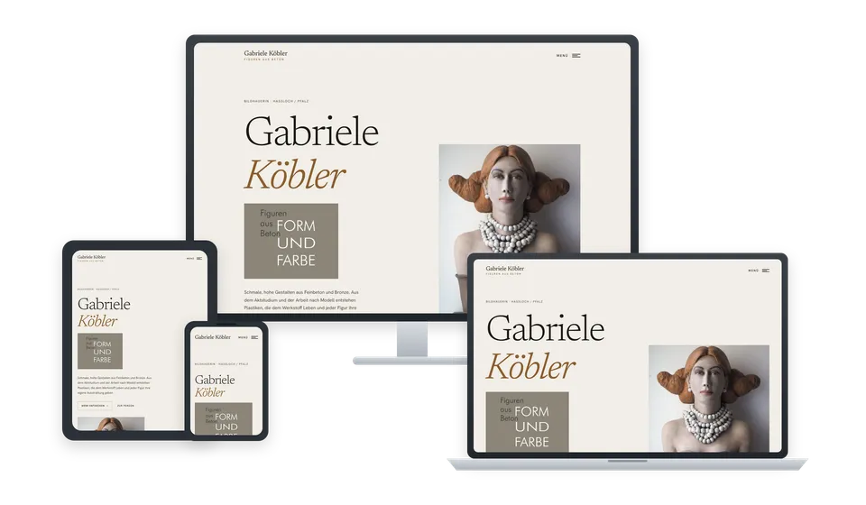 Website von Gabriele Köbler, Bildhauerin, Haßloch / Pfalz, auf Bildschirm, Laptop, Tablet und Handy