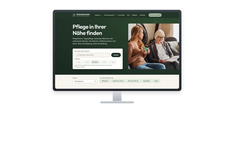 Das Pflegeverzeichnis Regionalmax auf Bildschirm, Laptop, Tablet und Handy