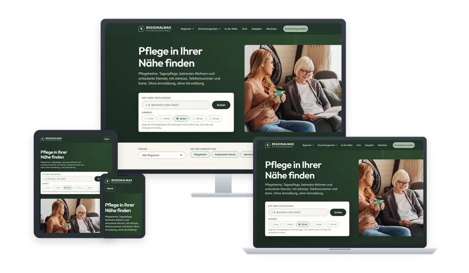 Das Pflegeverzeichnis Regionalmax auf Bildschirm, Laptop, Tablet und Handy