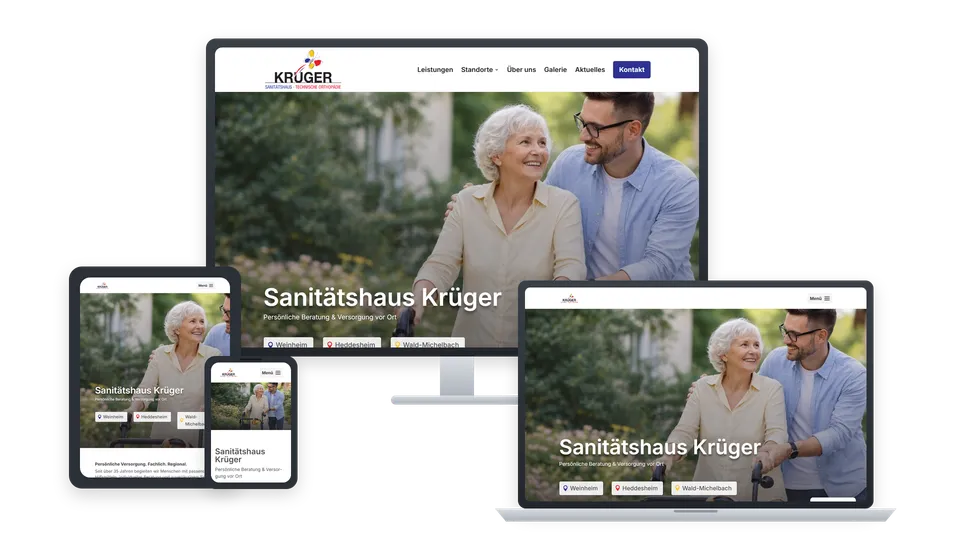 Website von Sanitätshaus Krüger, Sanitätshaus, Orthopädie, Weinheim, auf Bildschirm, Laptop, Tablet und Handy