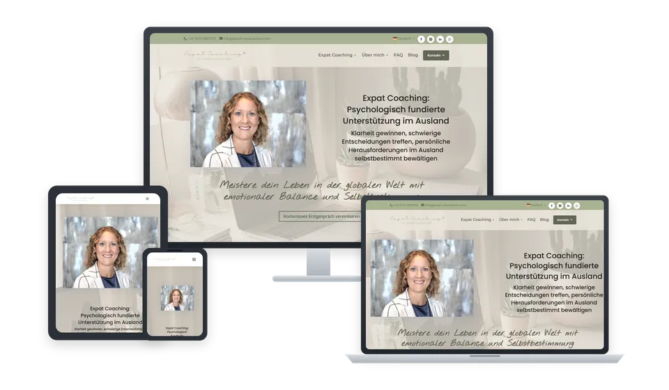 Website von Dr. Sarah Eisenacher, Expat Coaching, auf Bildschirm, Laptop, Tablet und Handy